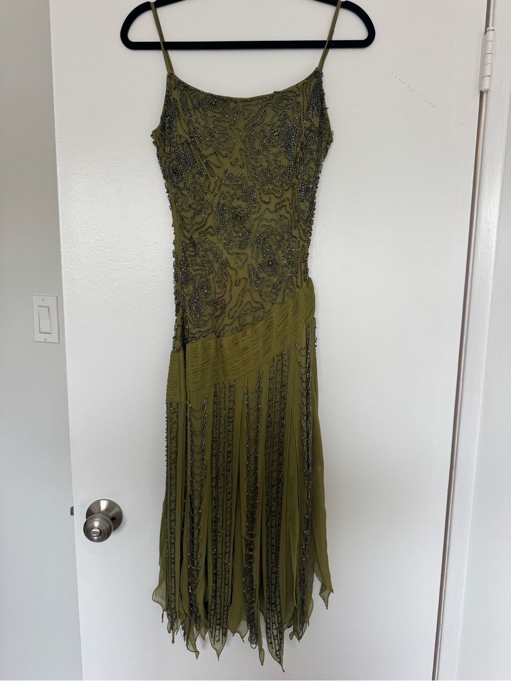 Sue Wong Vintage Y2K 100% Silk Olive Green Beaded Spaghetti-Strap Dress, Size 8